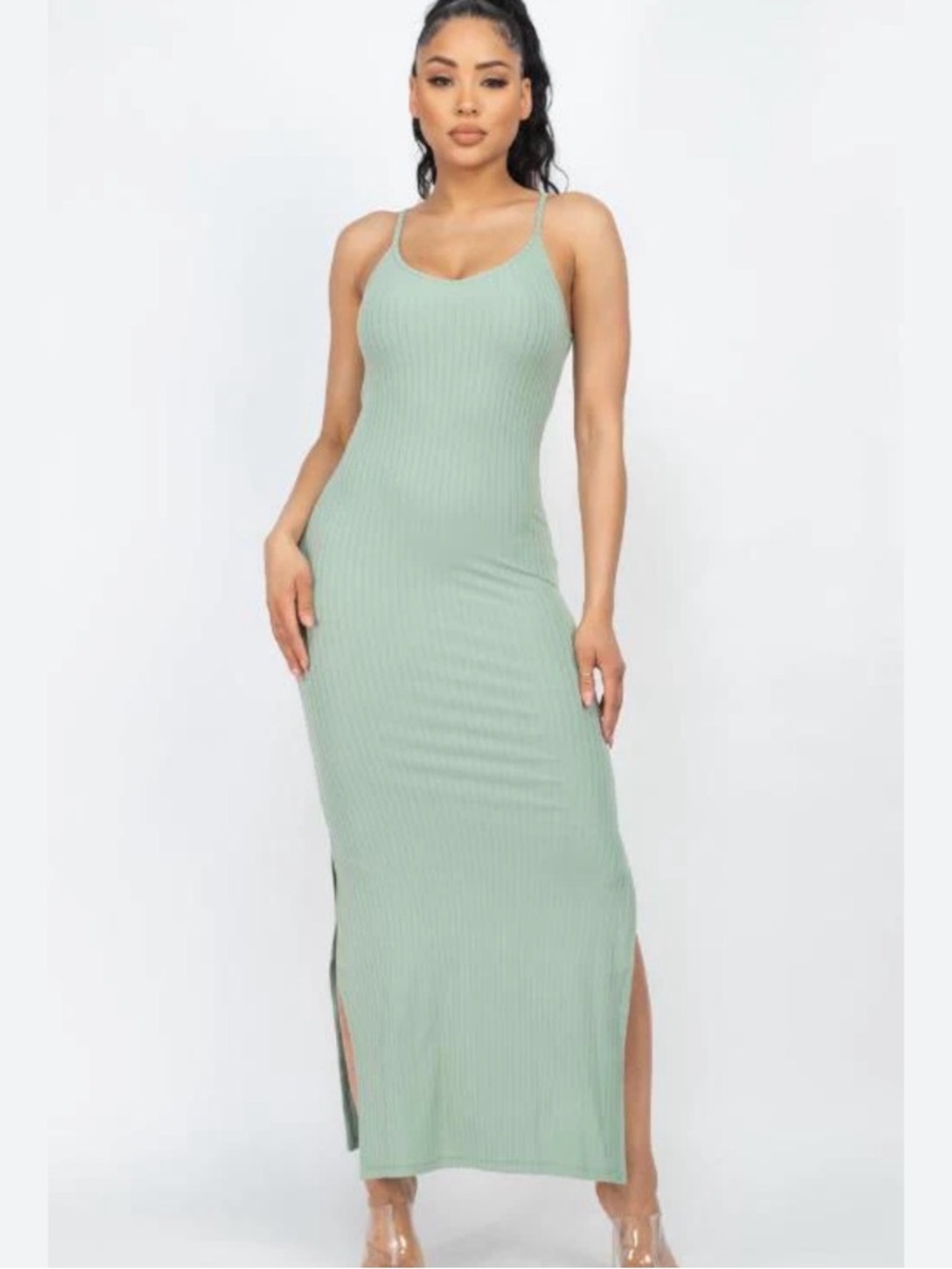 Ribbed Spaghetti-Strap Maxi Dress in Sage Green